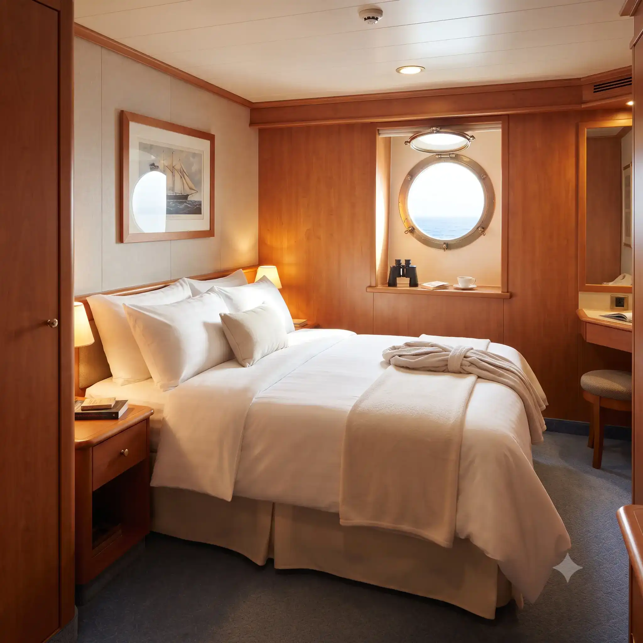Elegant stateroom cabin with ocean-view window